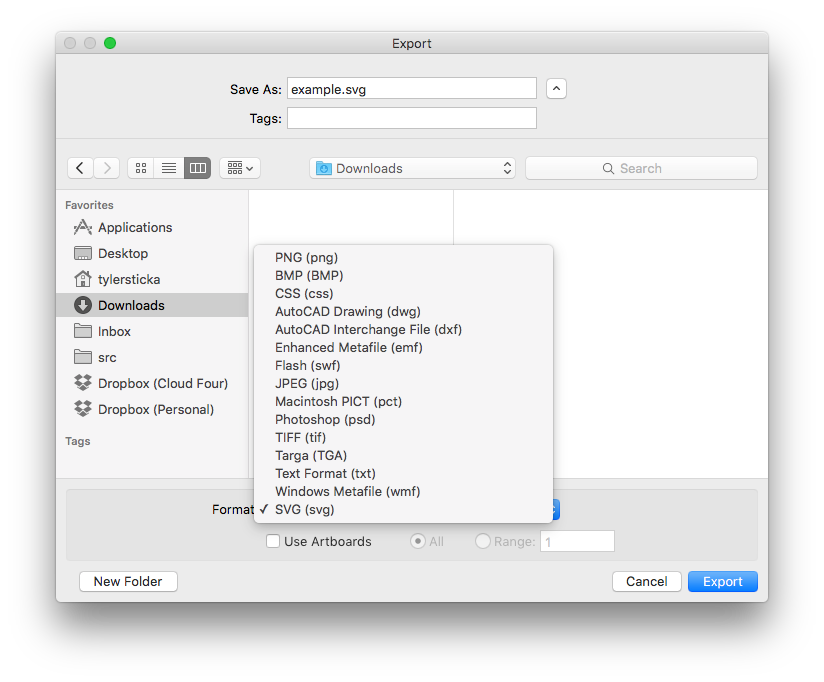 Screenshot of SVG export selection in Adobe Illustrator