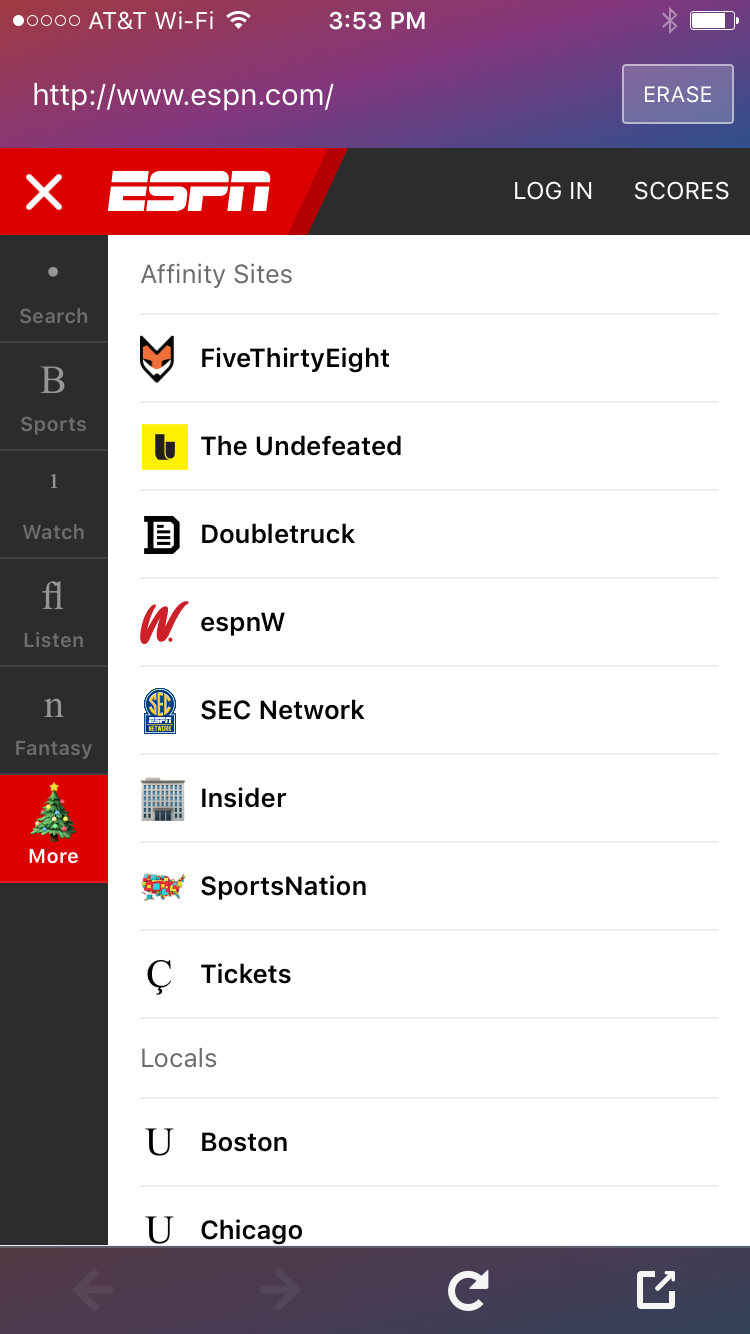 Screenshot of ESPN navigation in Firefox Focus with webfonts disabled