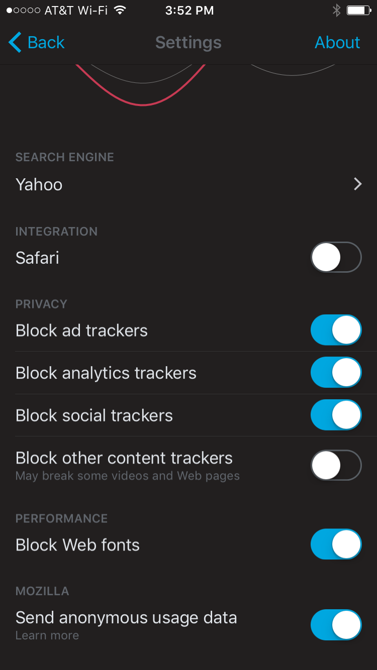 Screenshot of Firefox Focus 'settings' screen