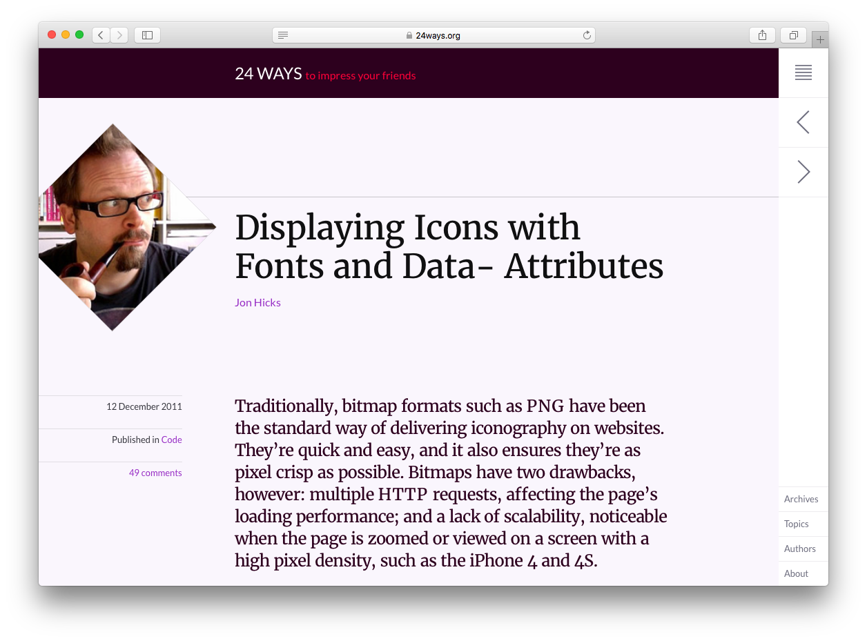 Screenshot from John Hicks' icon fonts article for 24 Ways