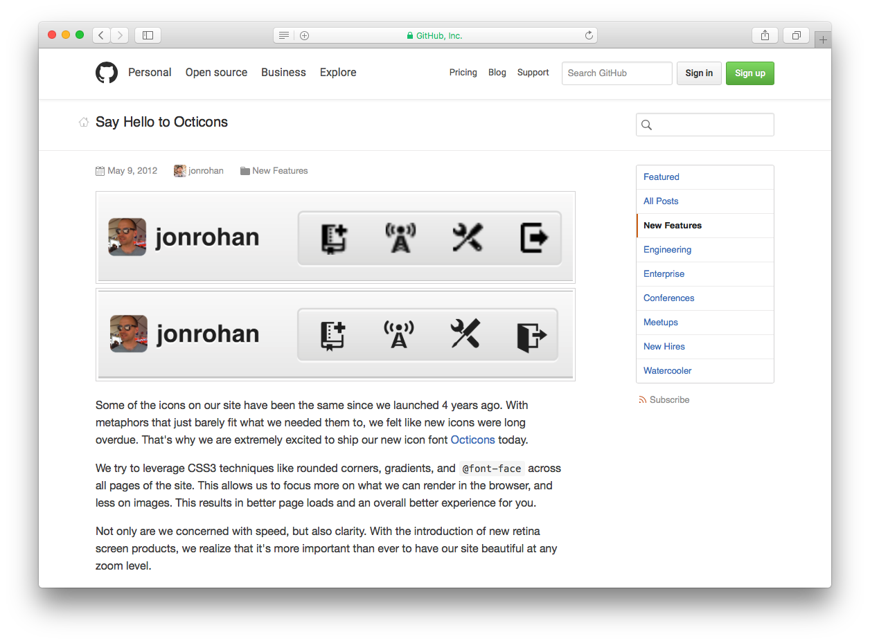 Screenshot from GitHub's blog post introducing Octicons